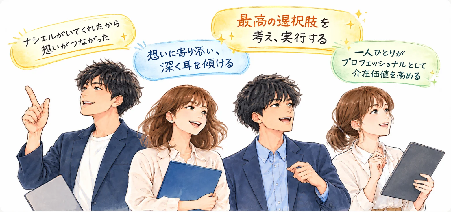 「ナシエルがいてくれたから想いがつながった」「想いに寄り添い、深く耳を傾ける」「最高の選択肢を考え、実行する」「一人ひとりがプロフェッショナルとして介在価値を高める」という言葉とともに未来を見つめる4人の社員のイラスト